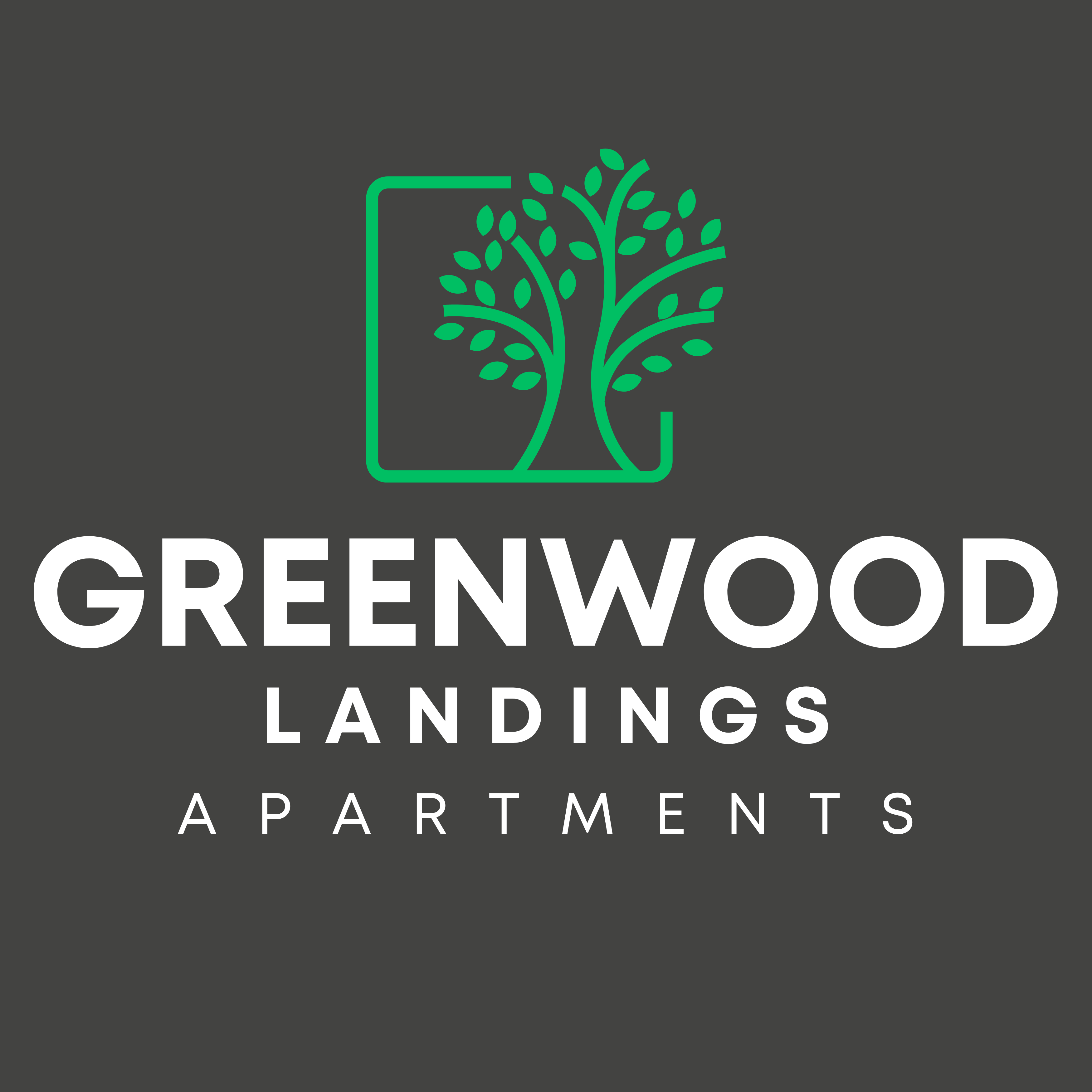 A logo for Greenwood Landings Apartments featuring a tree in a box.